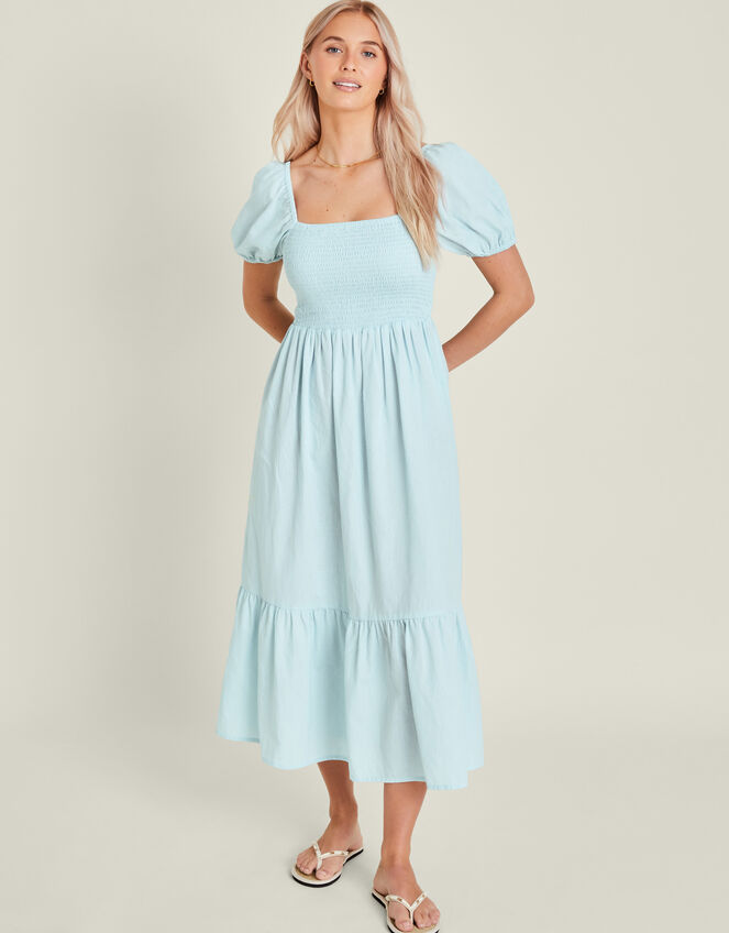Puff Sleeve Smocked Midi Dress, Blue (PALE BLUE), large