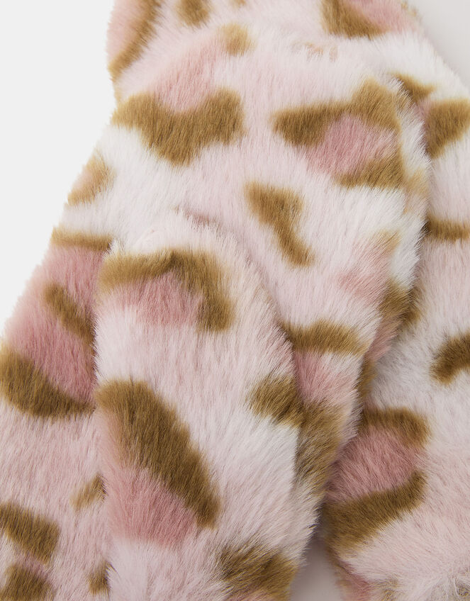 Girls Fluffy Leopard Print Mittens, Leopard (LEOPARD), large