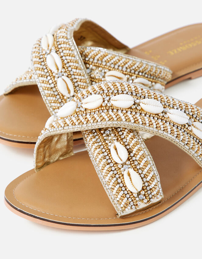 Cowrie Shell Beaded Cross-Over Sandals, Natural (NATURAL), large