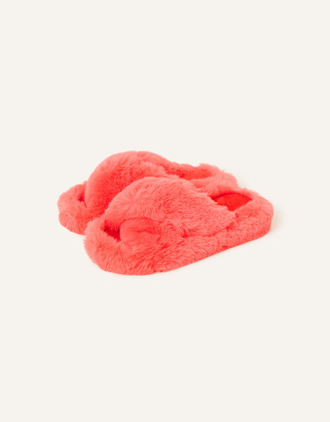 Faux Fur Crossover Sliders, Orange (CORAL), large