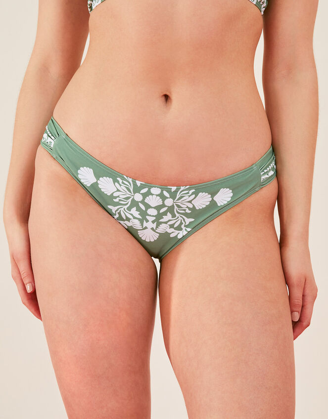 Ornamental Print Ruched Side Bikini Bottoms, Green (KHAKI), large