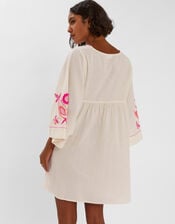 Floral Embroidered Mini Beach Dress, Ivory (IVORY), large