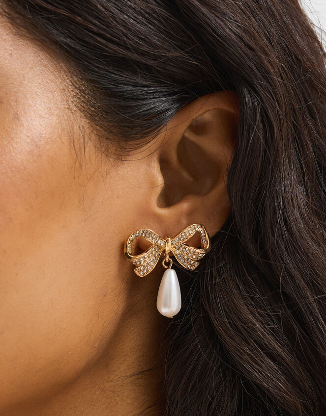Diamanté Bow Pearl Drop Earrings, , large