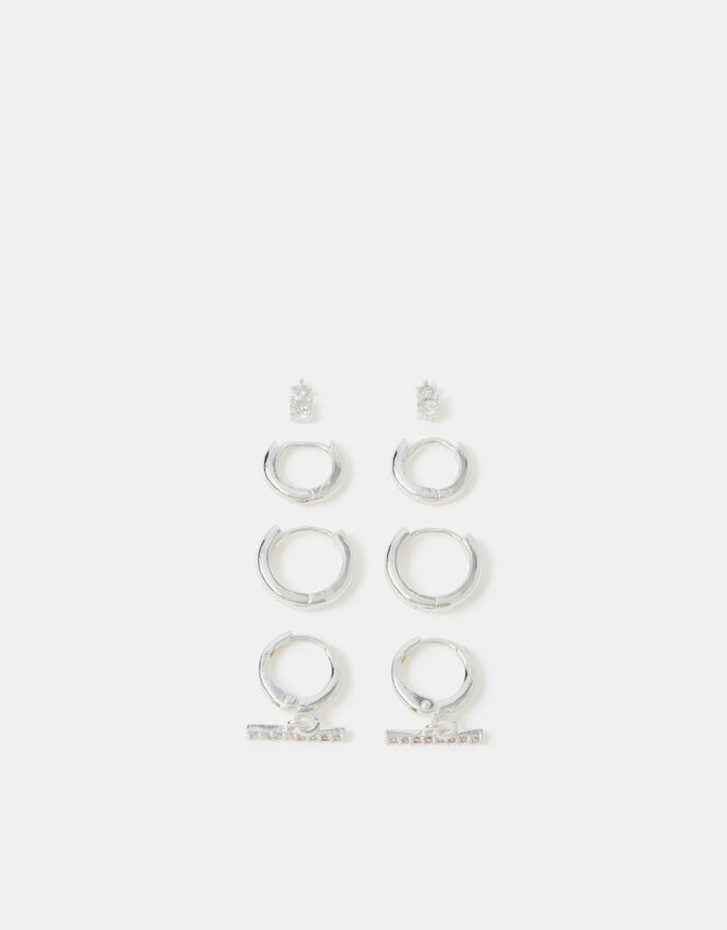 4-Pack Sterling Silver-Plated T-Bar Hoop Earrings, , large