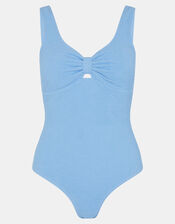 Knot Front Crinkle Textured Swimsuit, Blue (BLUE), large