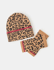 Leopard Print Beanie & Fingerless Gloves Set, , large