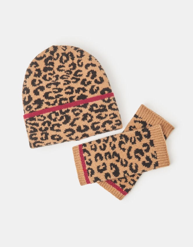 Leopard Print Beanie & Fingerless Gloves Set, , large