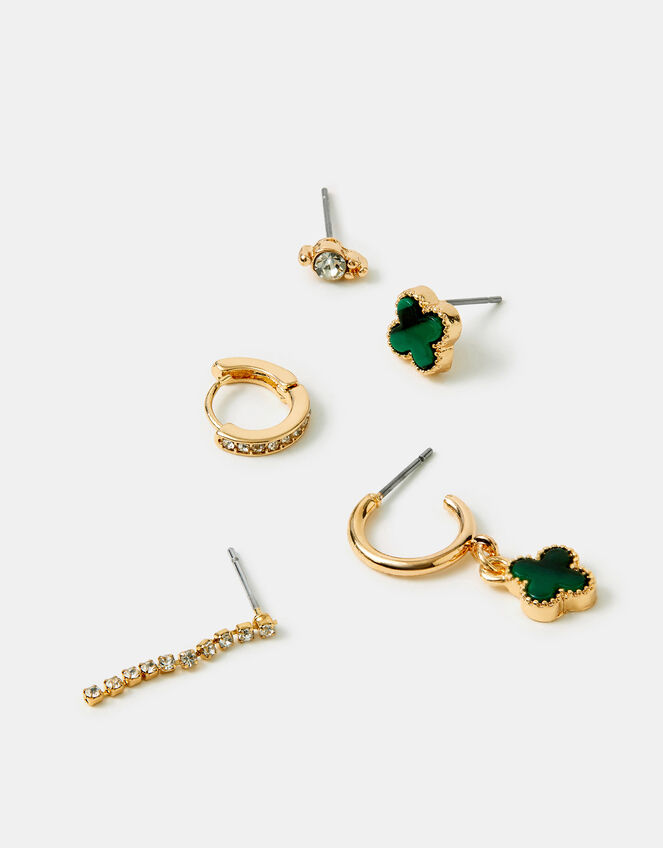 5-Pack Green Clover Stud & Hoop Earrings, , large