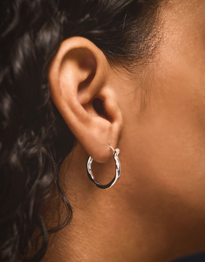 Sterling Silver-Plated Small Molten Hoop Earrings, , large