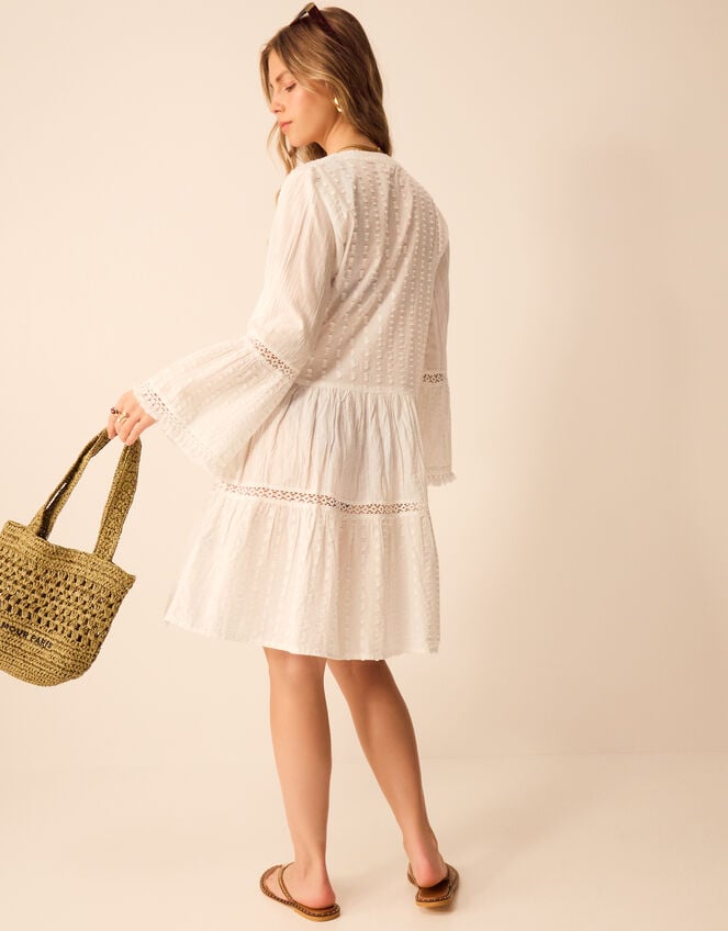 Flute Sleeve Tassel Tiered Mini Dress, Ivory (IVORY), large