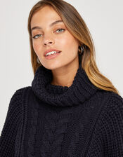 Chunky Cable Knit Poncho, Blue (NAVY), large