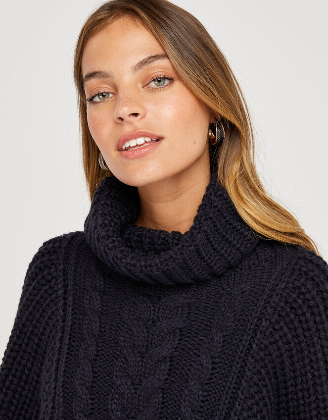 Chunky Cable Knit Poncho, Blue (NAVY), large