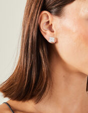 Sterling Silver-Plated Ridge Square Stud Earrings, , large