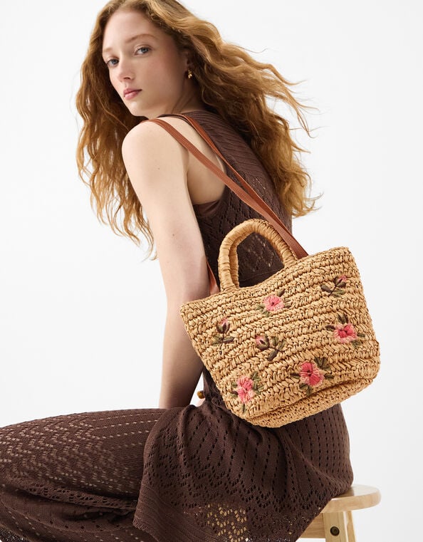 Floral Embroidered Raffia Crossbody Bag, , large