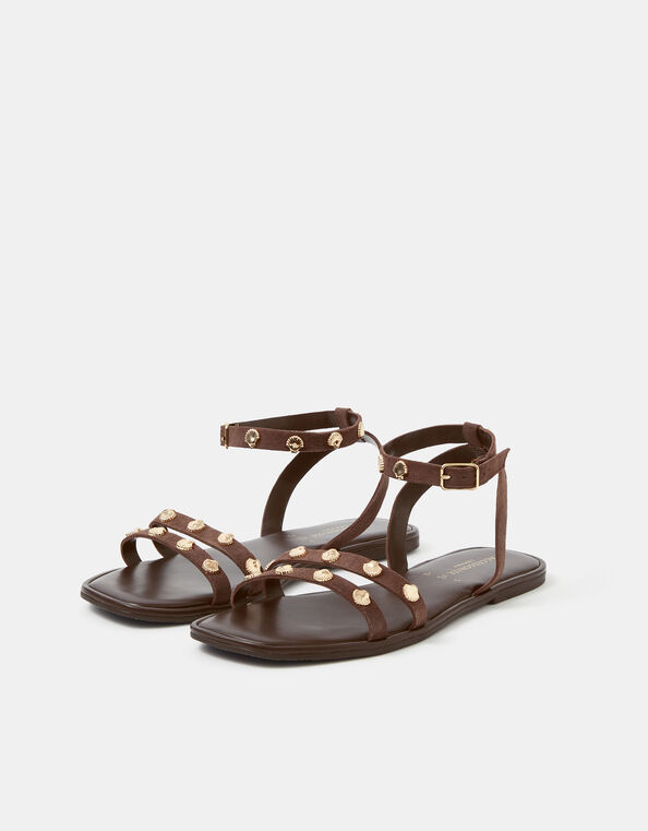 Shell Embellished Suede Sandals, Brown (CHOCOLATE), large