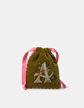 Embellished Initial Velvet Drawstring Bag, Green (OLIVE), large