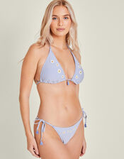 Embroidered Daisy Stripe Tie Side Bikini Bottoms, Blue (BLUE), large