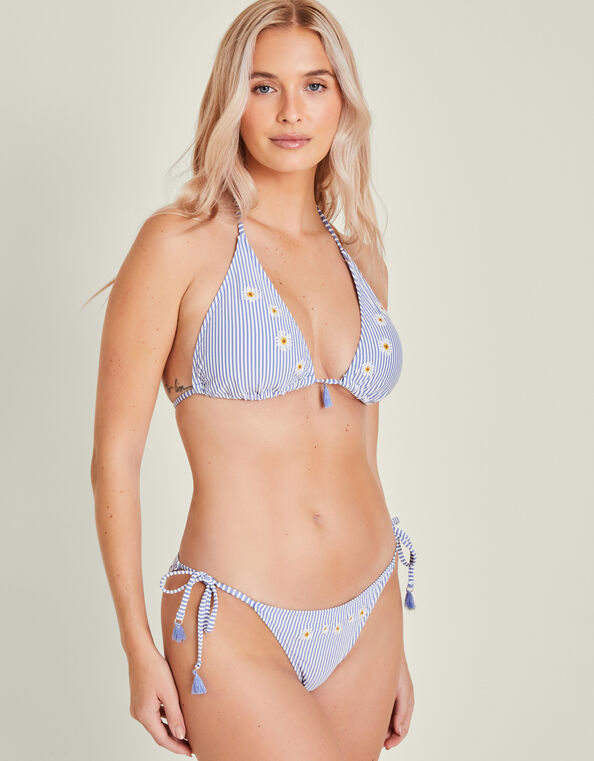Embroidered Daisy Stripe Tie Side Bikini Bottoms, Blue (BLUE), large
