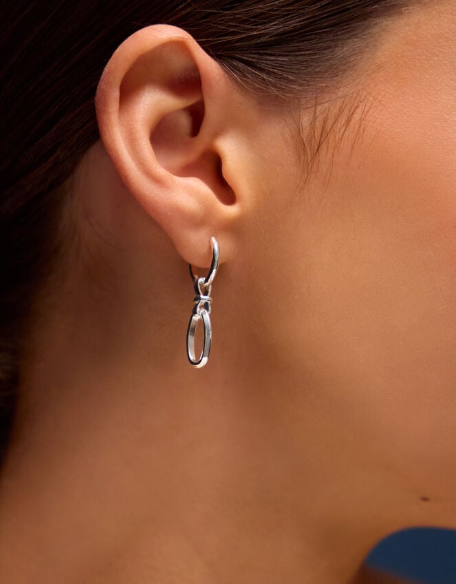 Sterling Silver-Plated Knot Link Drop Hoop Earrings, , large