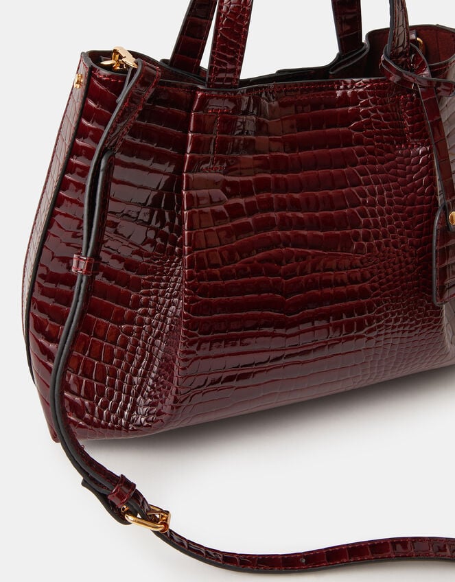 Faux Croc Skin Patent Tote Bag, Red (BURGUNDY), large