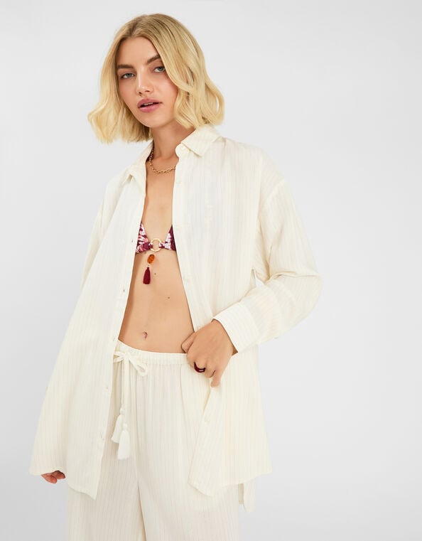 Long Sleeve Stripe Beach Cover Up Shirt, Ivory (IVORY), large