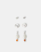 3-Pack Sterling Silver-Plated Stud & Pearl Drop Earrings, , large