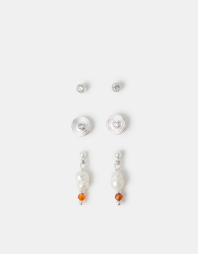 3-Pack Sterling Silver-Plated Stud & Pearl Drop Earrings, , large
