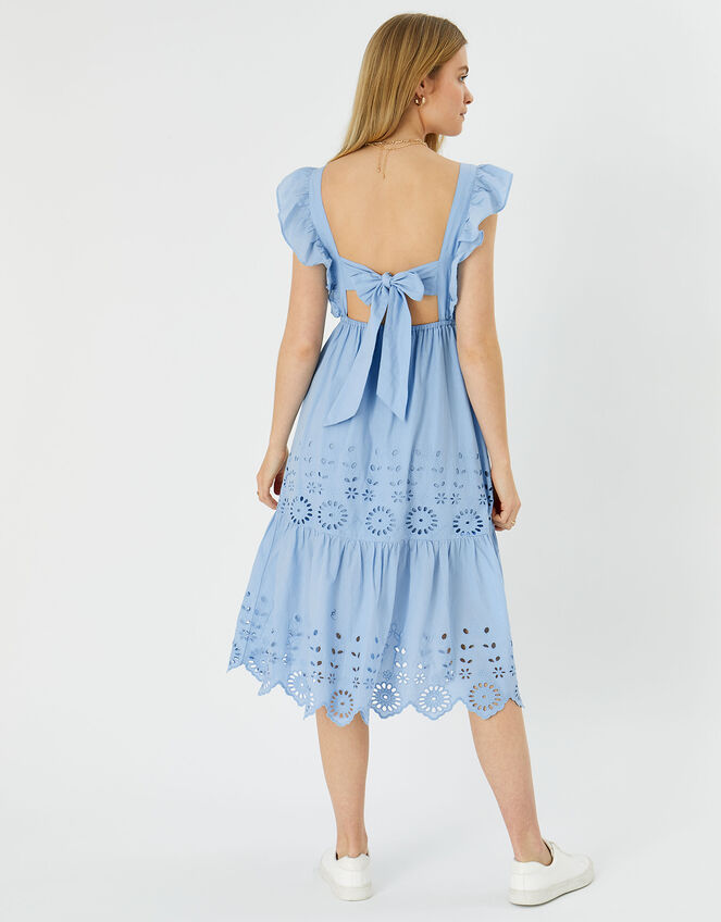 Broderie Frill Shoulder Midi Dress, Blue (BLUE), large