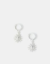 Sterling Silver-Plated Sun Charm Hoop Earrings, , large