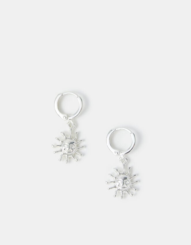 Sterling Silver-Plated Sun Charm Hoop Earrings, , large