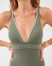 Embroidered Elastic Plunge Shaping Swimsuit, Green (KHAKI), large