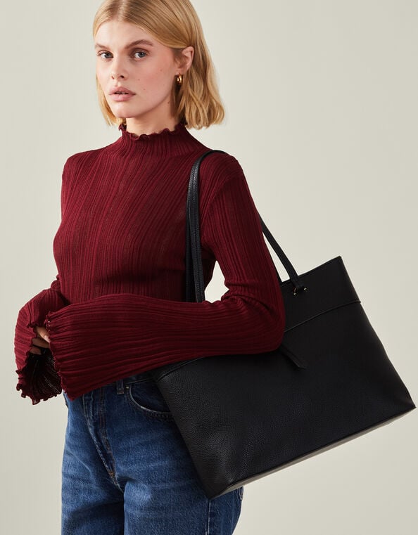 Large Faux Leather Tote Bag, Black (BLACK), large