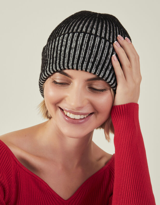Chunky Rib Beanie Hat, Black (BLACK), large