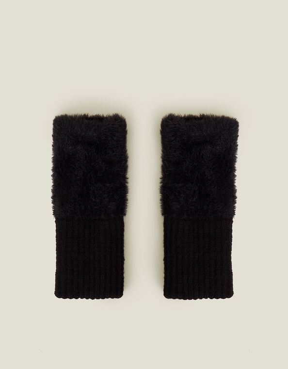 Fluffy Knit Cut Off Gloves, Black (BLACK), large