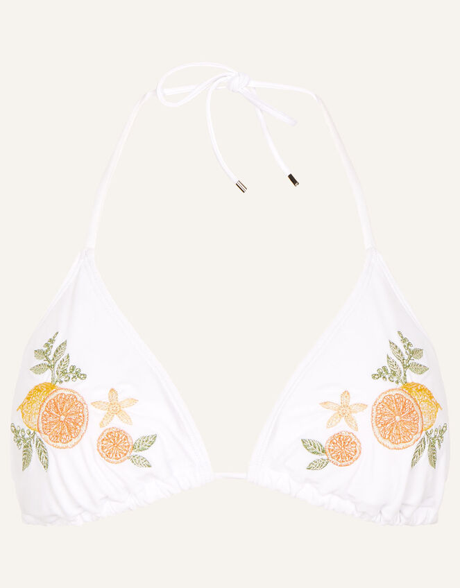 Lemon and Orange Embroidered Triangle Bikini Top, White (WHITE), large