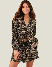 Leopard Print Tie Front Shirt, Brown (BROWN), large