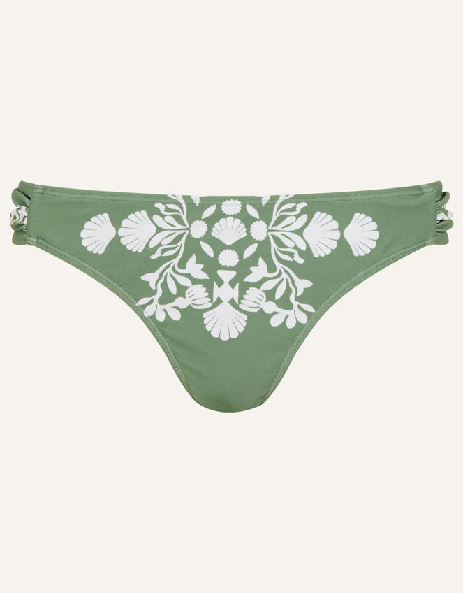 Ornamental Print Ruched Side Bikini Bottoms, Green (KHAKI), large