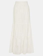 Floral Embroidered Tiered Maxi Skirt, White (WHITE), large