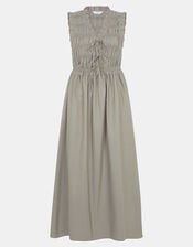 Tie Front Smocked Midi Dress, Green (KHAKI), large