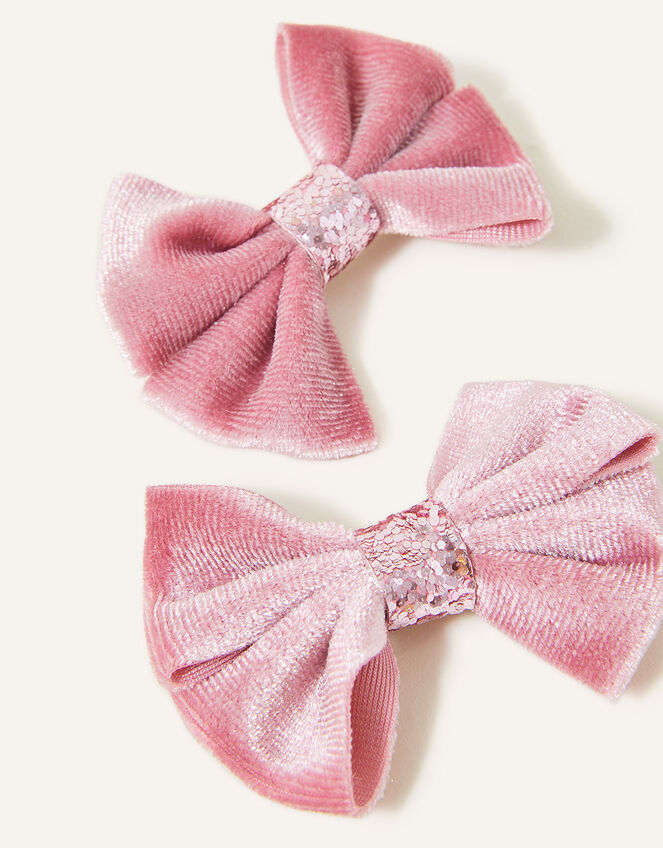 Girls Velvet Bow Clips Set of Two, Pink (PINK), large