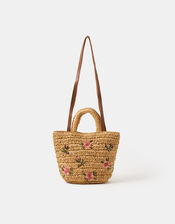 Floral Embroidered Raffia Bag, , large