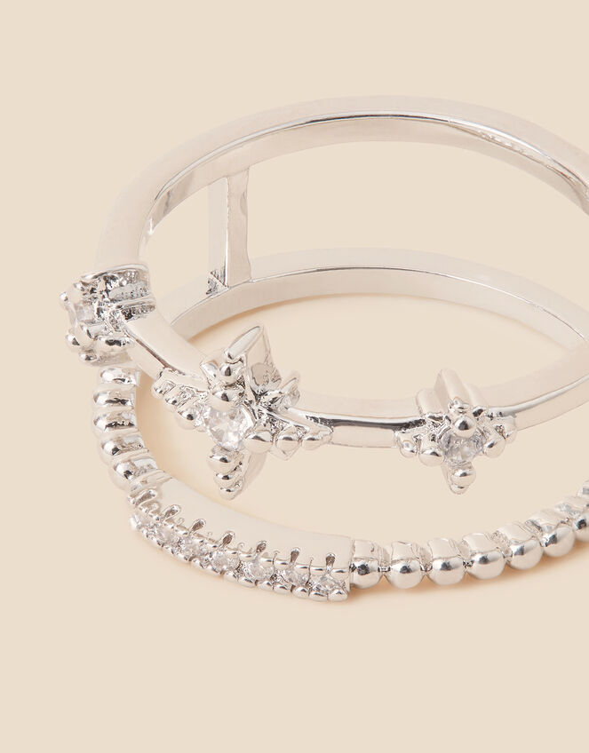 Platinum-Plated Sparkle Star Double Ring, Silver (SILVER), large
