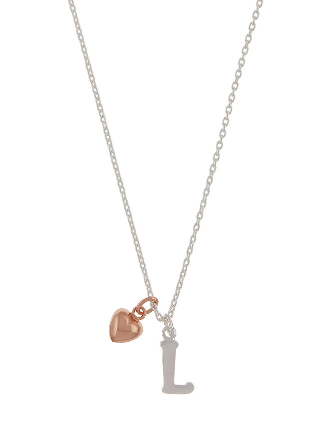 Sterling Silver Initial Necklace with Heart Charm - L, , large