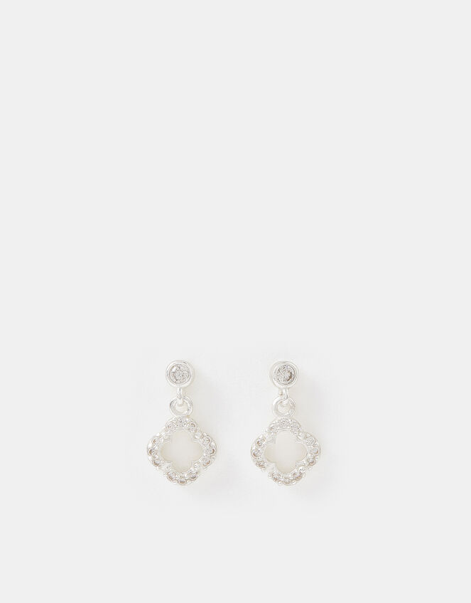 Sterling Silver Diamanté Clover Drop Earrings, , large