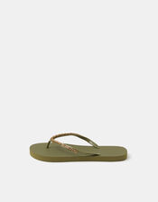 Bead Embellished EVA Flip Flops, Green (KHAKI), large