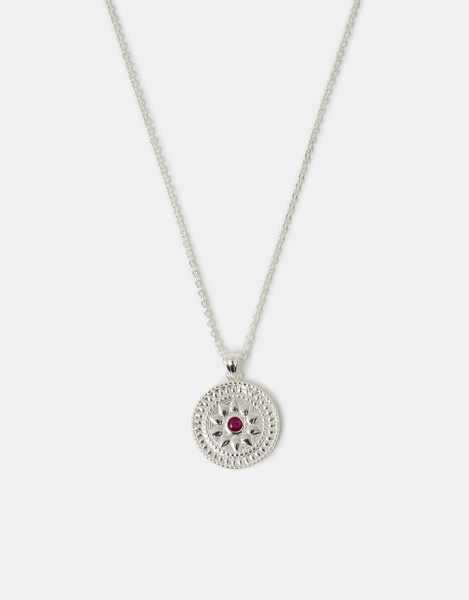 Sterling Silver-Plated Stone Coin Pendant Necklace, , large