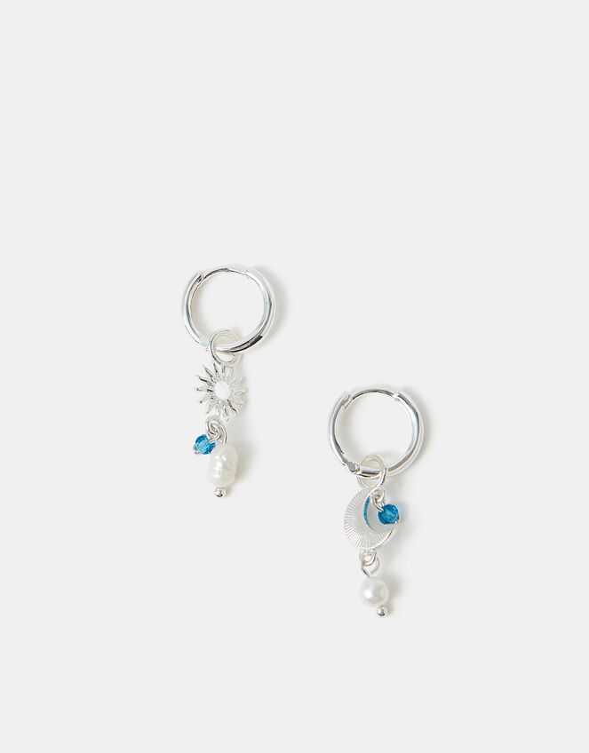 Sterling Silver-Plated Moon & Star Pearl Drop Earrings, , large