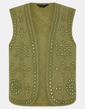 Mirror Embellished Quilted Waistcoat, Green (KHAKI), large