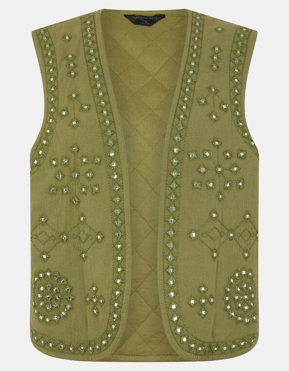 Mirror Embellished Quilted Waistcoat, Green (KHAKI), large
