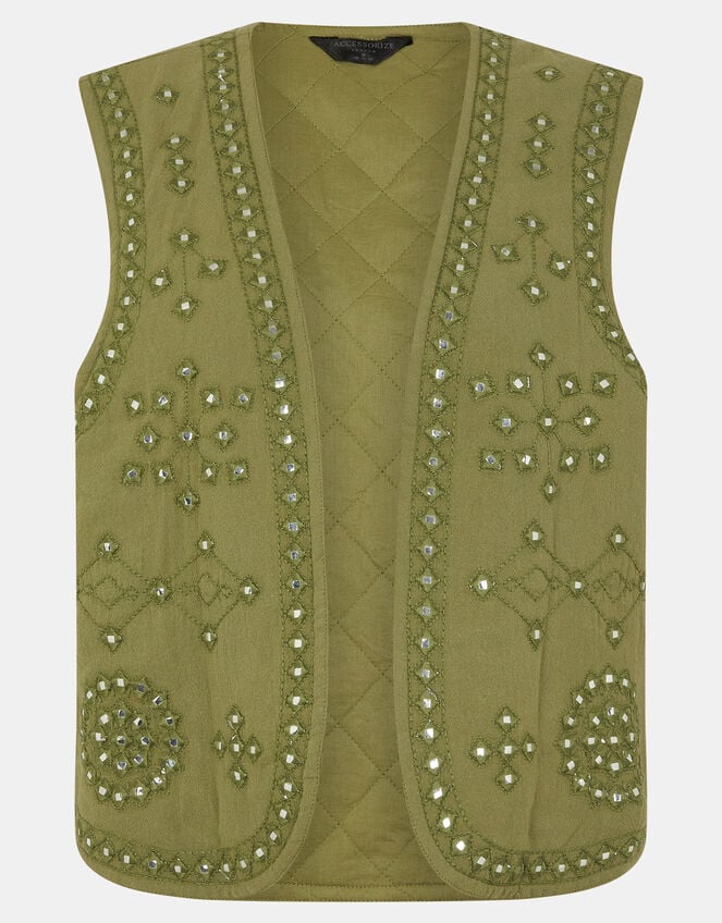 Mirror Embellished Quilted Waistcoat, Green (KHAKI), large